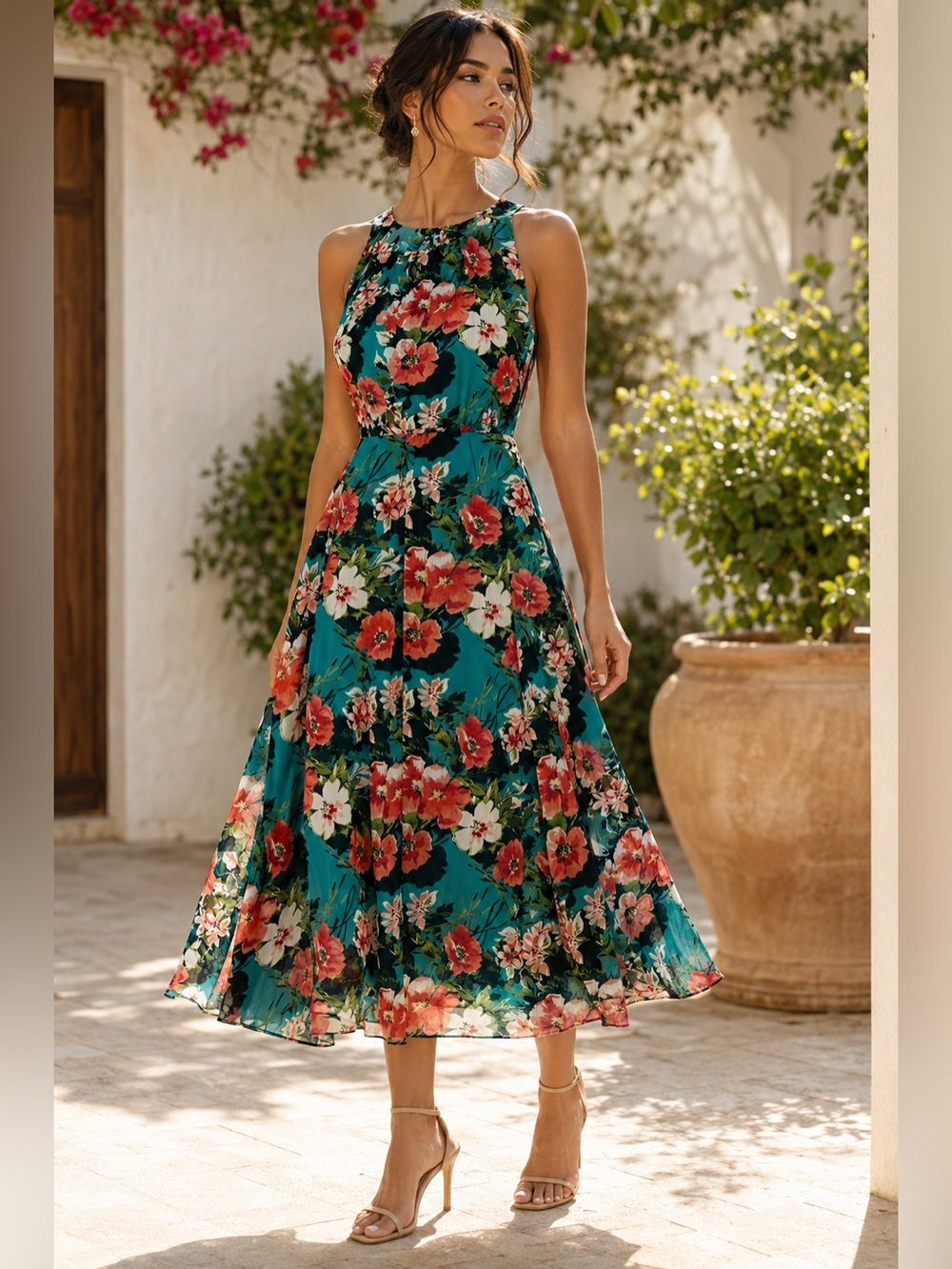 Tommy Hilfiger Teal Floral Halter Midi Dress with Coral and White Blooms